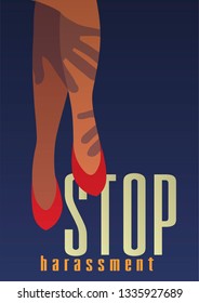 Hands touching woman's legs. Flat colorful hand drawn vector social illustration of harassment