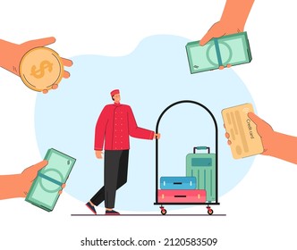 Hands of tourists giving money to bellboy in hotel uniform. Man pushing trolley with luggage flat vector illustration. Hospitality, service concept for banner, website design or landing web page