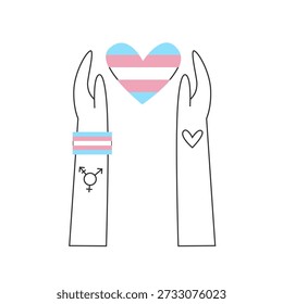 Hands with trans symbol and flag colors with heart shape. Transgender and genderqueer rights, nonbinary visibility and awareness concept. Inclusion and diversity illustration.