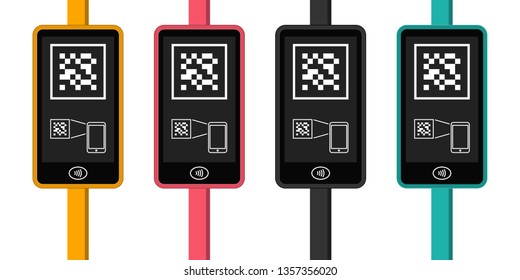 Hands with transport card, smartphone, smartwatch and bank card near terminal. Airport, metro, bus, subway ticket validator. Wireless contactless cashless payments, rfid nfc. Flat vector illustration