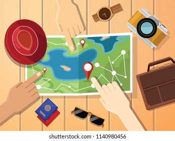 Hands of travelers pointing at map for planing trip. Bag, passports, camera ,hat and sunglasses is all you need for traveling concept. Eps vector illustration
