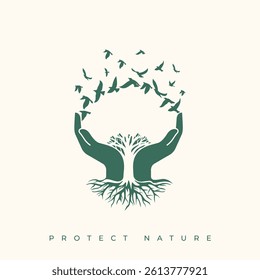 Hands in tree form and birds completing the tree. Vector symbol design.