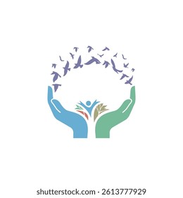 Hands in tree form and birds completing the tree. Vector symbol design.