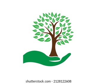 manos y árbol con hojas verdes Diseño del logotipo. Inspiración en el diseño de iconos de árbol vectores.