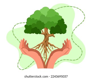 Manos con ilustración de árbol, Día de la Tierra. Movimiento de un millón de árboles