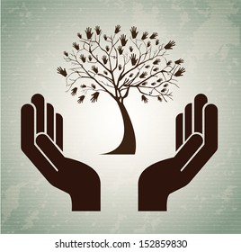 hands tree over vintage background vector illustration