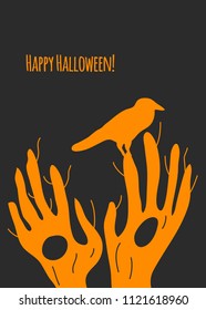 hands trees with crow, scary forest, happy halloween card, sinister banner. Vector illustration