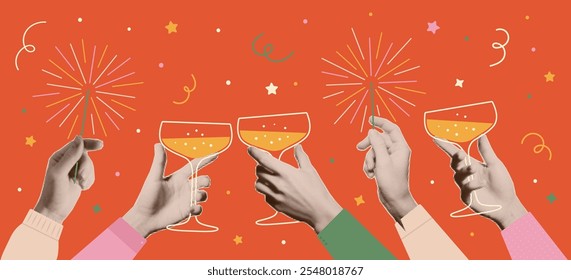 Hands with trendy halftone effect holding a glass of champagne, sparklers. New Year and Christmas holiday party. Vector collage elements, greeting card, invitation, banner.