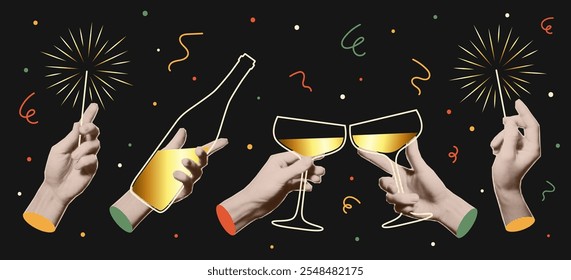 Hands with trendy halftone effect holding a glass of champagne, sparklers. New Year and Christmas holiday party. Vector collage elements, greeting card, invitation, banner.