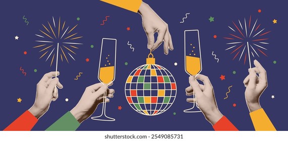 Hands with trendy halftone effect holding a glass of champagne, sparklers, disco ball. New Year and Christmas holiday party. Vector collage elements, greeting card, invitation, banner.