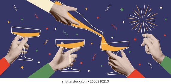 Hands with trendy halftone effect holding a glass of champagne, sparkler.  New Year and Christmas holiday party. Vector collage elements, greeting card, invitation, banner.