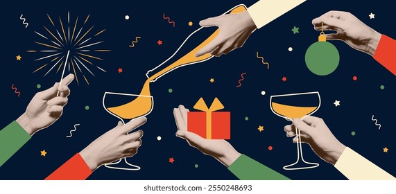 Hands with trendy halftone effect holding a glass of champagne, sparkler.  New Year and Christmas holiday party. Vector collage elements, greeting card, invitation, banner.
