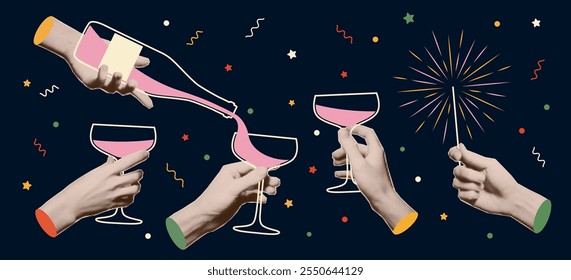 Hands with trendy halftone effect holding a glass of champagne, sparkler.  New Year and Christmas holiday party. Vector collage elements, greeting card, invitation, banner.