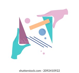 Hands with triangles. Metaphor of teamwork, designers from simple geometric shapes create beautiful picture for site. Image for printing on tshirt, creativity. Cartoon flat vector illustration