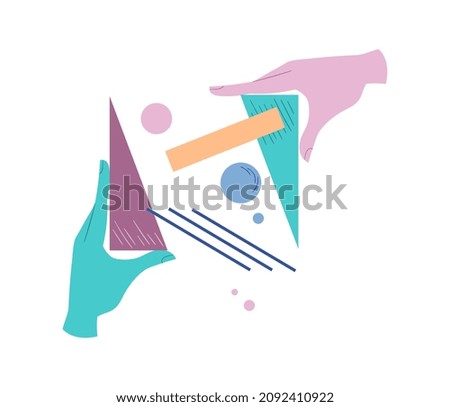Hands with triangles. Metaphor of teamwork, designers from simple geometric shapes create beautiful picture for site. Image for printing on tshirt, creativity. Cartoon flat vector illustration