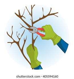 Hands Trimming A Tree With Garden Clippers, Vector Image, Eps10