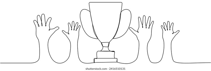 Hands with trophy cup continuous line drawn. Victory concept. Vector illustration isolated on white.