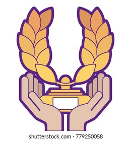 hands with trophy wreath leafs crown award