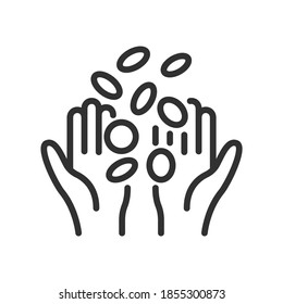 hands, trowing coins, linear icon. Editable stroke