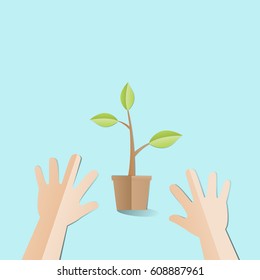 Hands try to holding young plant with Happy Earth Day text, paper cut style Ecology and Earth day concept