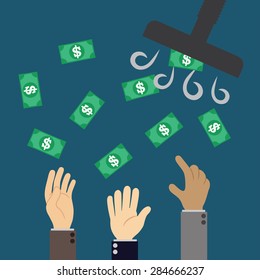 hands trying to catch dollar banknotes