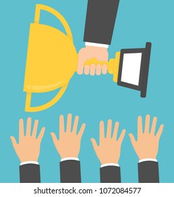 Hands trying to reach golden trophy while another hand holding it. Motivation and competition concept