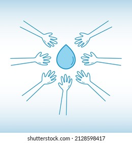 Hands trying to reach out for water drop. Access to clean water concept. Vector illustration outline flat design style.