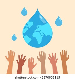 Hands trying to reach out for water drops. Access to clean water concept. 