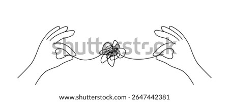 Hands trying to untangle black lines in mental health concept, editable stroke.