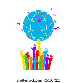 Hands twirl the globe with flying birds. World Environment Day background. Earth Day concept. Vector illustration symbol of peace and harmony.