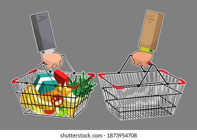 Manos de dos compradores diferentes con cestas de compras. Una canasta está llena y la otra está vacía. Ilustración del vector