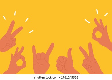 Hands with two fingers up peace victory, thumbs up and Rock & roll heavy metal sign of the horns and Ok. Flat cartoon. Social network likes, approval, customers concept with copy space isolat