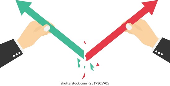 Hände zwei Menschen trennen sich und brechen den Pfeil. Meinungsverschiedenheiten. Moderne Vektorgrafik im flachen Stil

