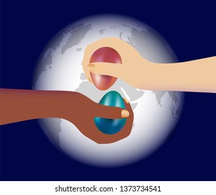 Hands of two people with different skin colors or races playing in traditional Christian game with dyed Easter eggs on blue background with planet Earth. Concept of peaceful competition.