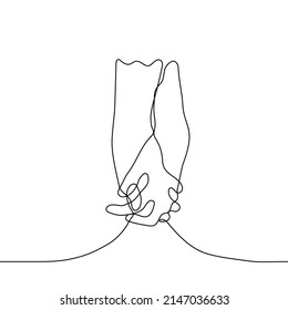 hands of two people are intertwined with fingers - one line drawing vector. concept touch of loving close people, skinship