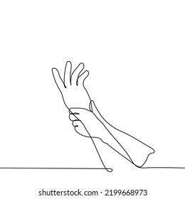 hands of two people one of which grabbed the second by the wrist - one line drawing vector. concept of pain in the wrist, hand with tunnel syndrome, conflict or clash