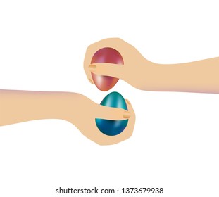 Hands of two people players playing in the traditional Christian play or game with dyed Easter eggs isolated on white background