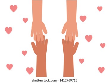 Hands of two people together on a white background. Vector illustration.