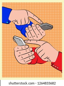 Hands of two subscribers with smartphones on a textured dark beige background. Picture in vintage style. Vector illustration