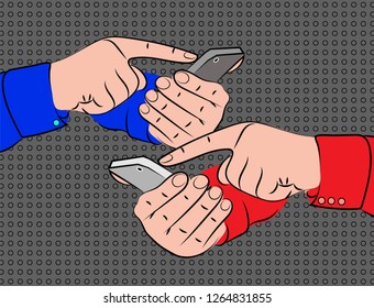 Hands of two subscribers with smartphones. Textured gray background. Vector illustration
