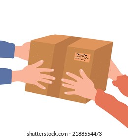 Hands of two women holding gift box together. Female friend giving surprise package, person moving box in hand flat vector illustration. Handing over parcel, fast address delivery service concept.