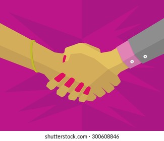 Hands of two women who shake hands with a pink background