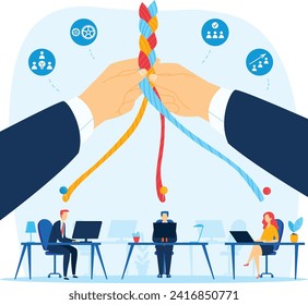 Hands tying ropes together above office workers at desks. Collaboration and teamwork in business. Office teamwork concept with employees vector illustration.
