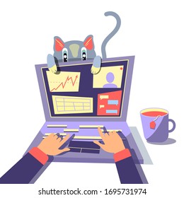 Hands type on laptop keyboard, cat pet, cup. Stay home workspace, remote or freelance job concept illustration. Flat cartoon and bright. Online education or research. Business on quarantine.