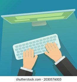 Hands type text on the keyboard in front of a computer screen on a blue background (flat design)