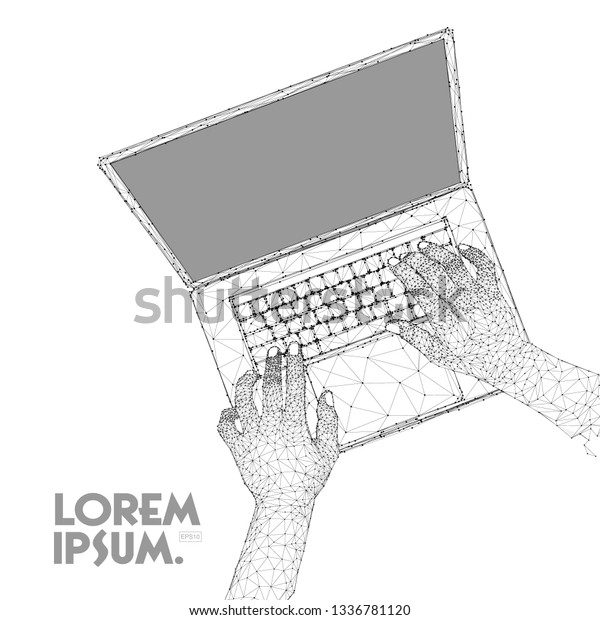 ポリゴンで構成された手書きのノートパソコン 白い金属スタイルと色と低ポリベクターイラスト のベクター画像素材 ロイヤリティフリー