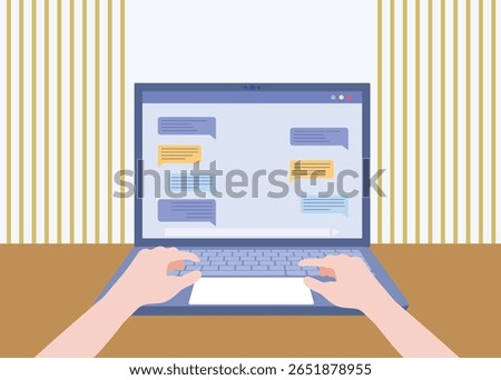 hands typing laptop keyboard browser on screen at Office desk concept people work chat messages  workplace
