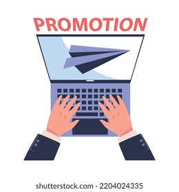 Hands Typing at Laptop Keyboard and Paper Plane on Screen as Promotion and Marketing Vector Illustration