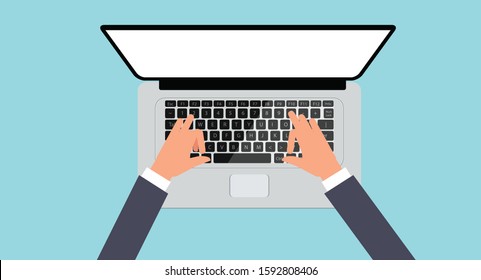 Hands typing laptop keyboard. Top view