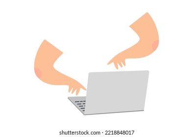 Hands typing laptop keyboard vector, businessman is working on laptop computer, flat design of business tools vector, right hand and left hand typing laptop keyboard vector.